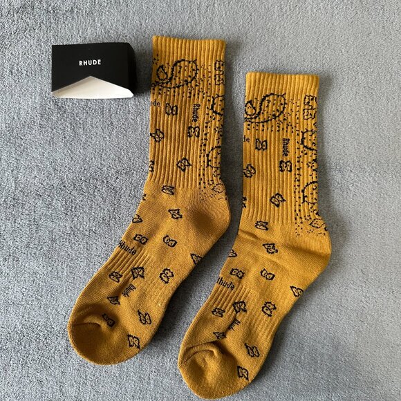 RHUDE Gold + Black Ribbed jacquard poly sock Bandana all over motif pattern - Picture 4 of 4